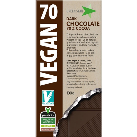 Green Star Vegan Dark Chocolate 70% Cocoa (100g)